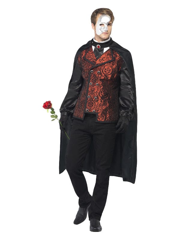 Black Dark Opera Masquerade Costume with Cape, Shirt, Mask, Gloves & Rose - Fancy Dress