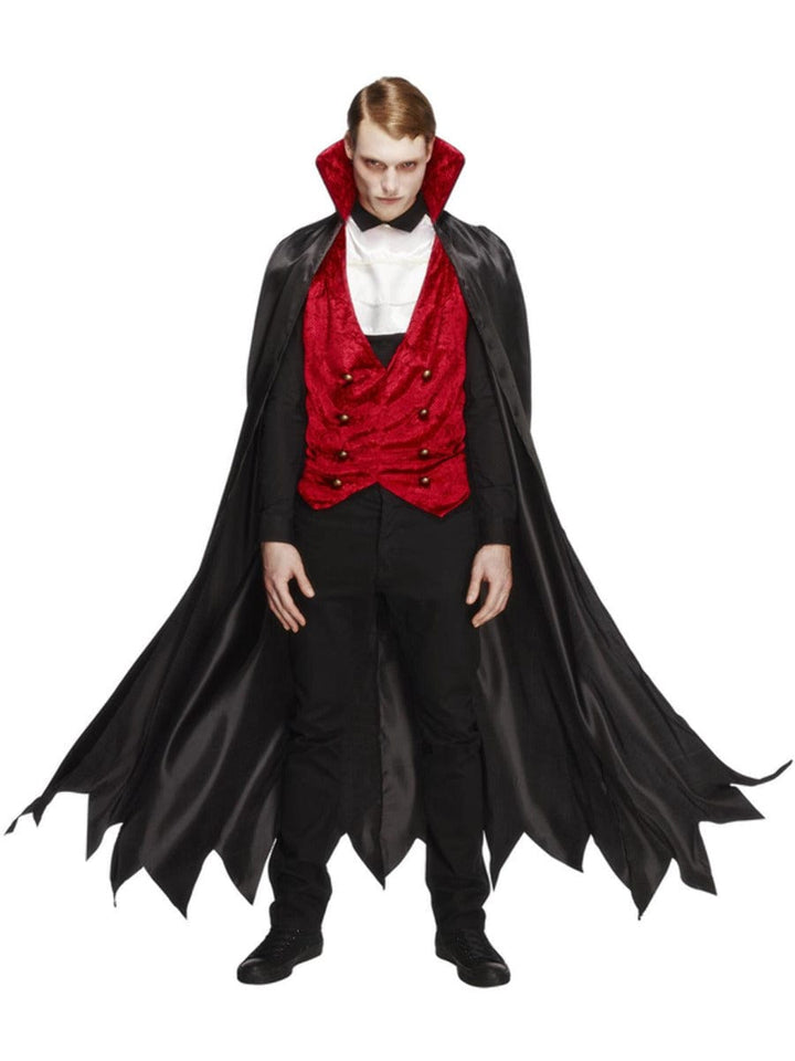 Fancy Dress Fever Vampire Costume in Black & Red with Waistcoat, Cape & Cravat
