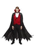 Fancy Dress Fever Vampire Costume in Black & Red with Waistcoat, Cape & Cravat