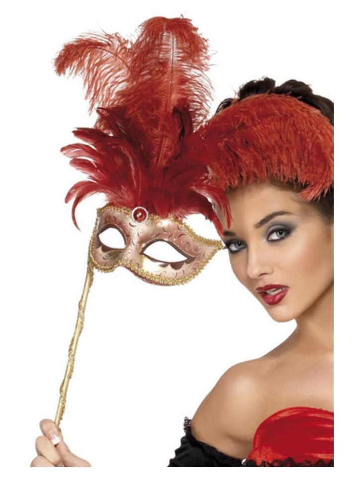 Red Baroque Fantasy Eyemask with Feathers & Handle - Fancy Dress Costume Accessory