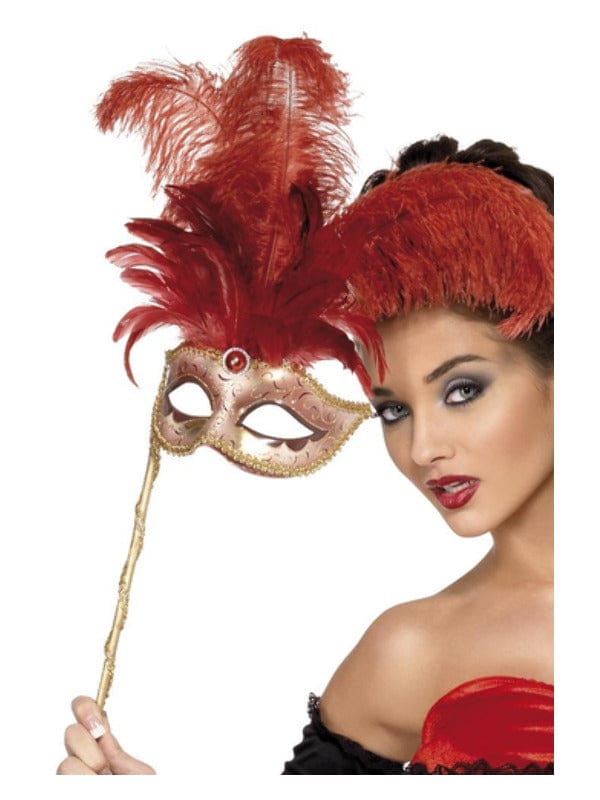 Red Baroque Fantasy Eyemask with Feathers & Handle - Fancy Dress Costume Accessory