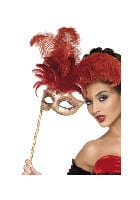 Red Baroque Fantasy Eyemask with Feathers & Handle - Fancy Dress Costume Accessory