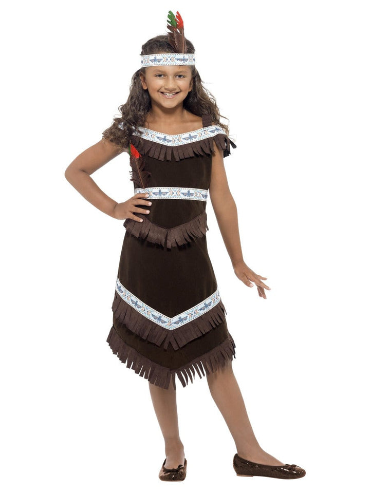 Fancy Dress Native American Girl Costume in Brown with Fringed Dress & Feather Headband