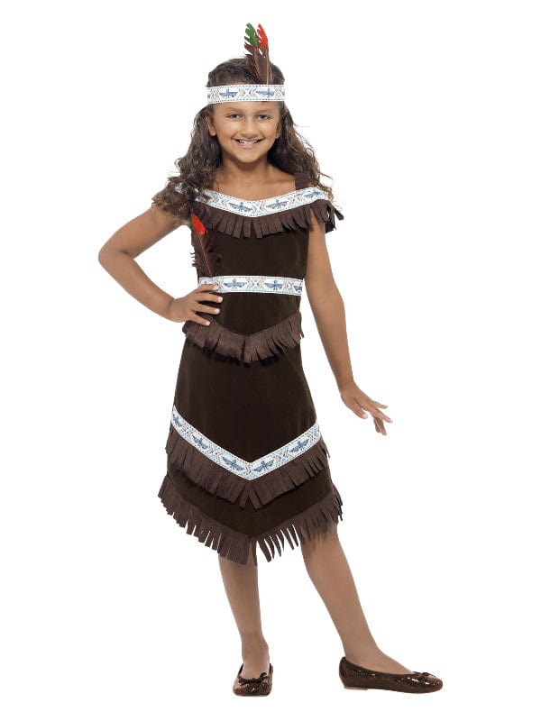 Fancy Dress Native American Girl Costume in Brown with Fringed Dress & Feather Headband