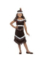 Fancy Dress Native American Girl Costume in Brown with Fringed Dress & Feather Headband