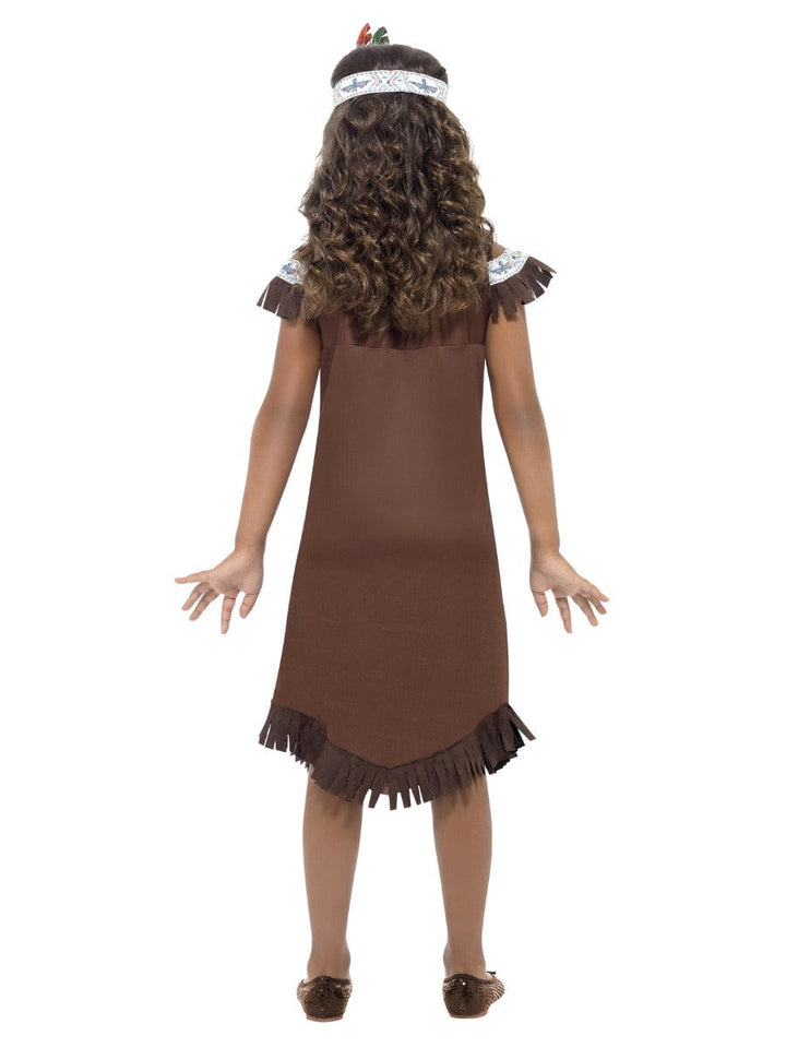 Fancy Dress Native American Girl Costume in Brown with Fringed Dress & Feather Headband