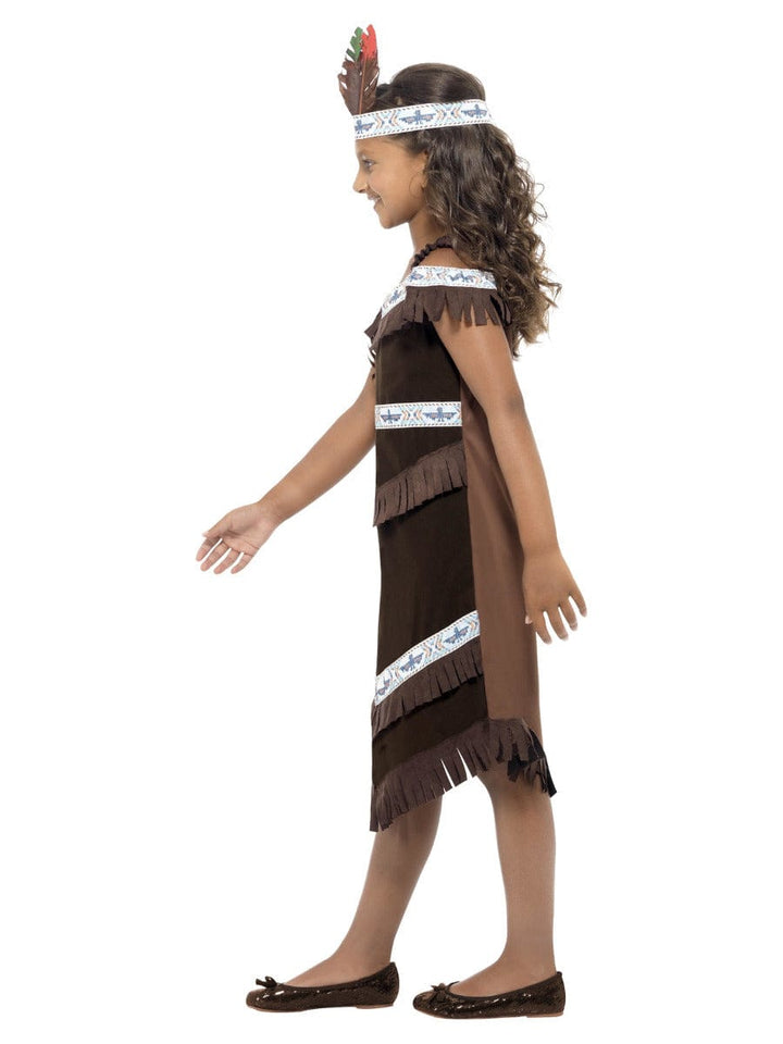 Fancy Dress Native American Girl Costume in Brown with Fringed Dress & Feather Headband