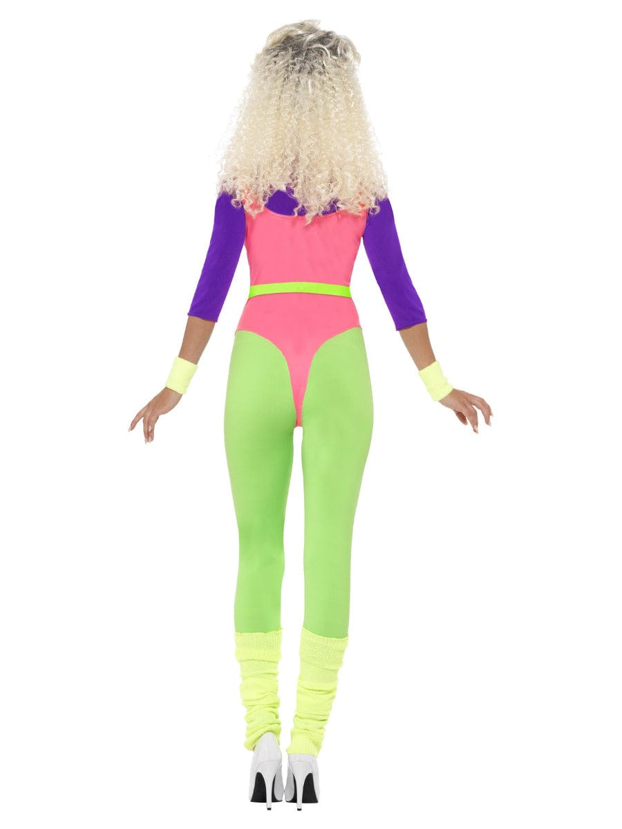 Neonfarbenes 80er-Jahre-Workout-Kostüm mit Overall, Stirnband und Handfesseln – Kostüm