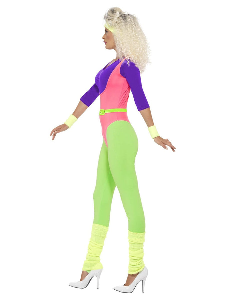 Neonfarbenes 80er-Jahre-Workout-Kostüm mit Overall, Stirnband und Handfesseln – Kostüm