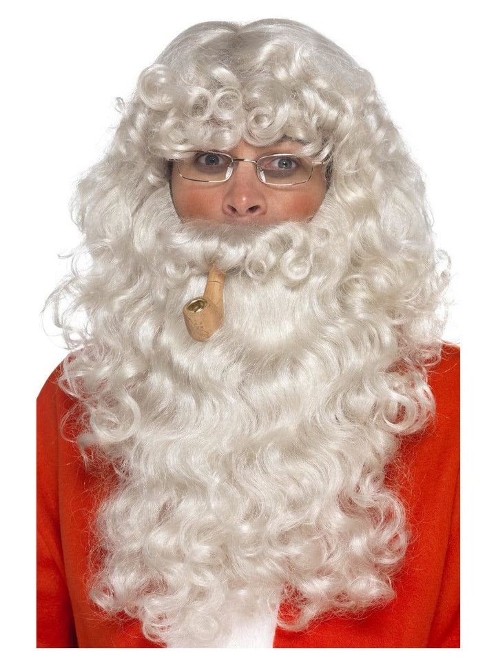 Deluxe Santa Dress Up Kit with Wig, Beard, Glasses & Pipe - Grey | Fancy Dress