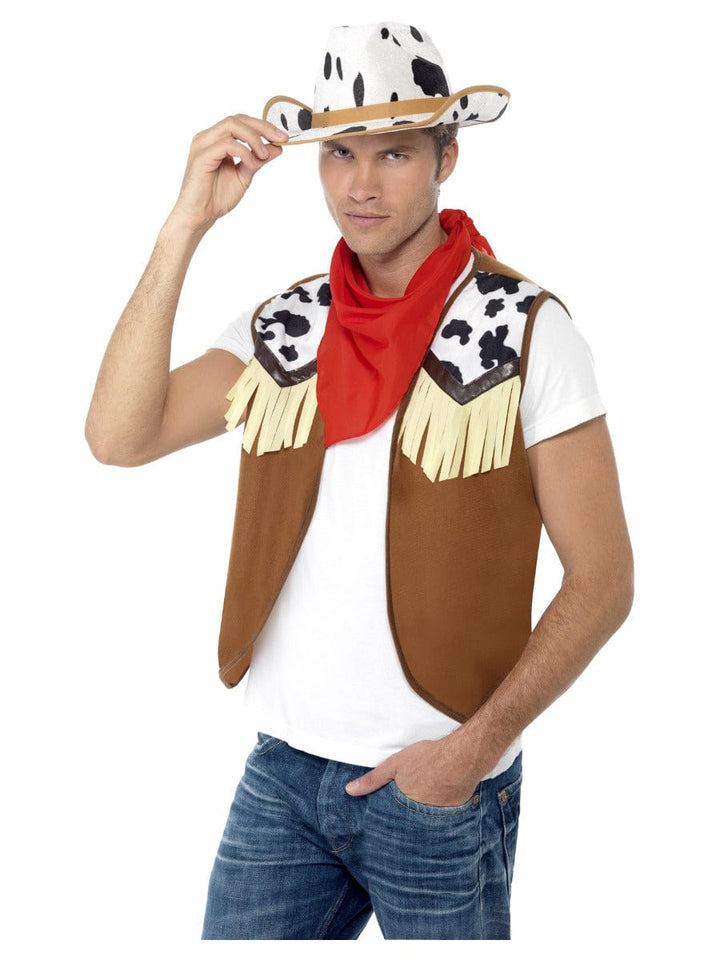 Wild West Male Fancy Dress Instant Kit - Brown Waistcoat, Neck Scarf & Hat