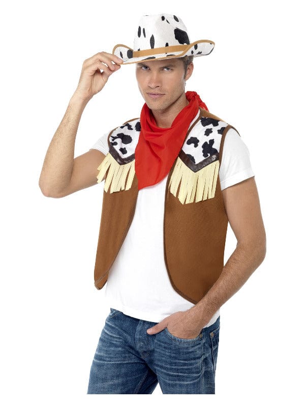 Wild West Male Fancy Dress Instant Kit - Brown Waistcoat, Neck Scarf & Hat