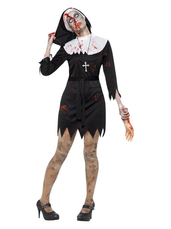 Schwarzes Zombie-Schwester-Kostüm mit Kleid, Kopfbedeckung, Gürtel und Kreuzhalskette