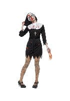 Schwarzes Zombie-Schwester-Kostüm mit Kleid, Kopfbedeckung, Gürtel und Kreuzhalskette