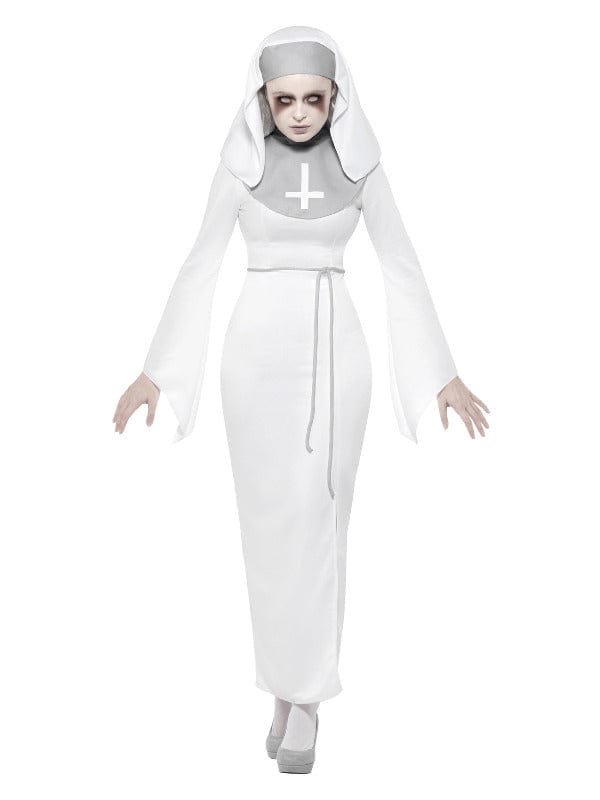 Fancy Dress Haunted Asylum Nonnenkostüm in Weiß mit Kleid, Gürtel und Kopfbedeckung