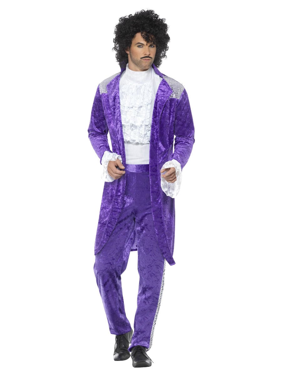 80s Purple Musician Fancy Dress Costume with Jacket, Mock Shirt & Trousers