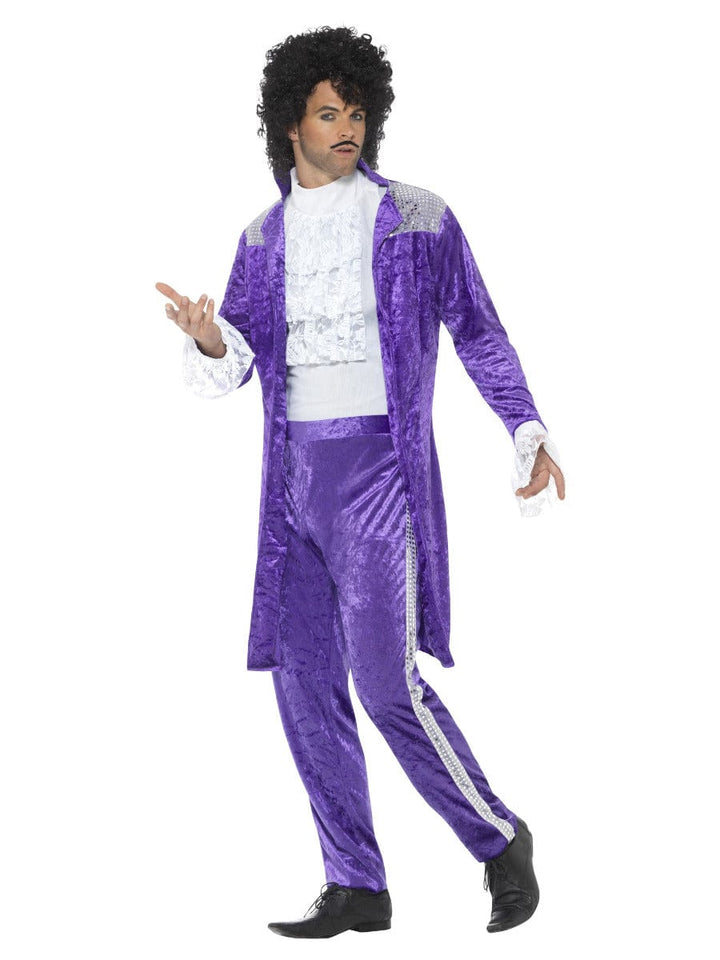 80s Purple Musician Fancy Dress Costume with Jacket, Mock Shirt & Trousers