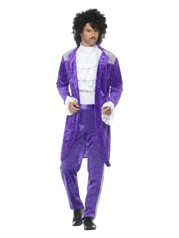 80s Purple Musician Fancy Dress Costume with Jacket, Mock Shirt & Trousers