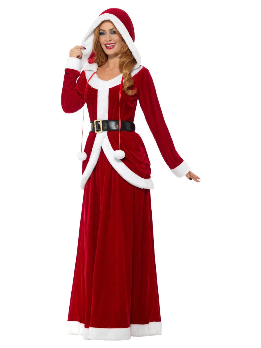 Deluxe Ms Claus Fancy Dress Costume in Red with Hooded Dress & Belt