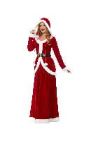 Deluxe Ms Claus Fancy Dress Costume in Red with Hooded Dress & Belt