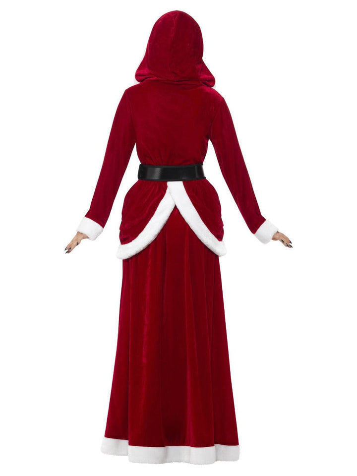 Deluxe Ms Claus Fancy Dress Costume in Red with Hooded Dress & Belt