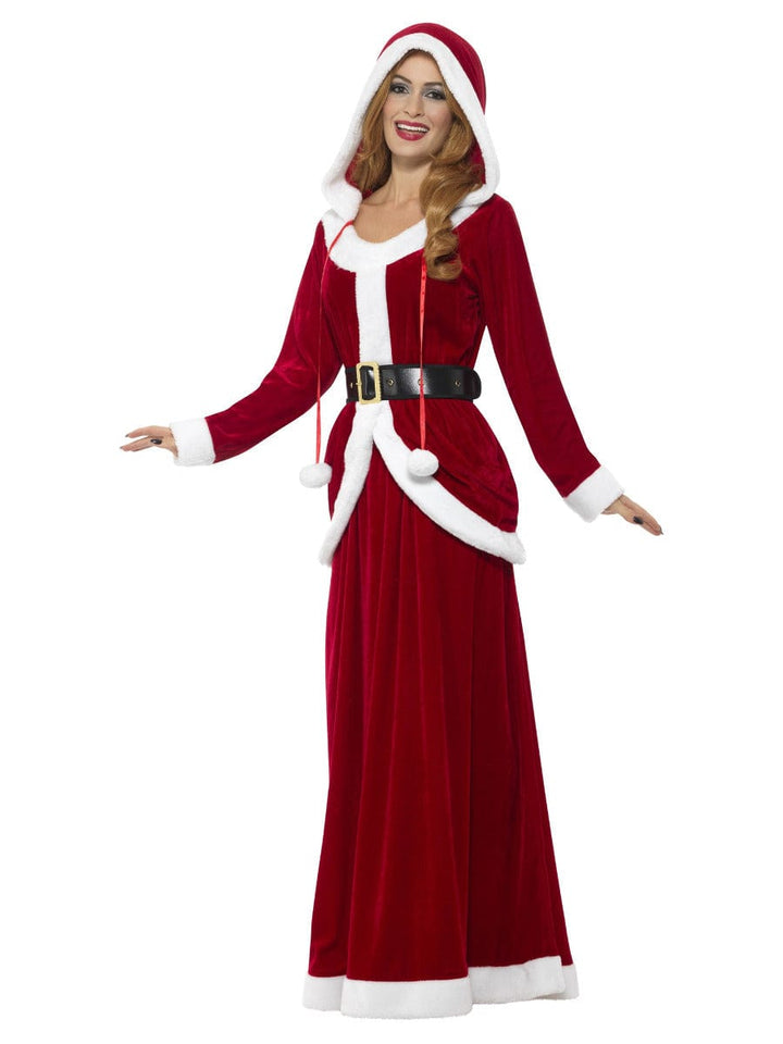 Deluxe Ms Claus Fancy Dress Costume in Red with Hooded Dress & Belt