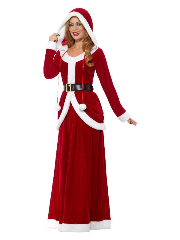 Deluxe Ms Claus Fancy Dress Costume in Red with Hooded Dress & Belt