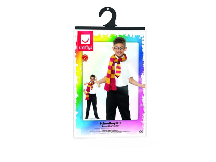 Gold and Red Schoolboy Fancy Dress Kit with Scarf, Tie, and Glasses
