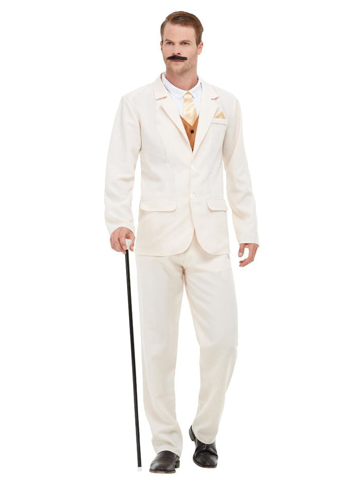 White Roaring 20s Gent Costume with Tuxedo Jacket, Trousers & Mock Top - Fancy Dress