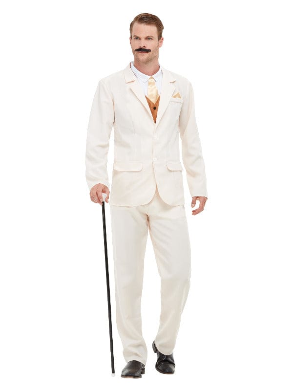 White Roaring 20s Gent Costume with Tuxedo Jacket, Trousers & Mock Top - Fancy Dress