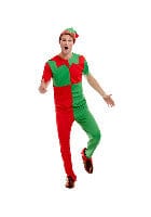 Green & Red Elf Costume with Top, Trousers & Hat - Fancy Dress