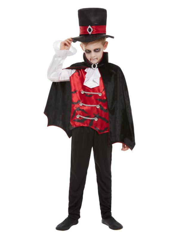 Schwarzes Vampir-Kostüm mit Oberteil, Umhang und Hut – Kostüm-Halloween-Outfit