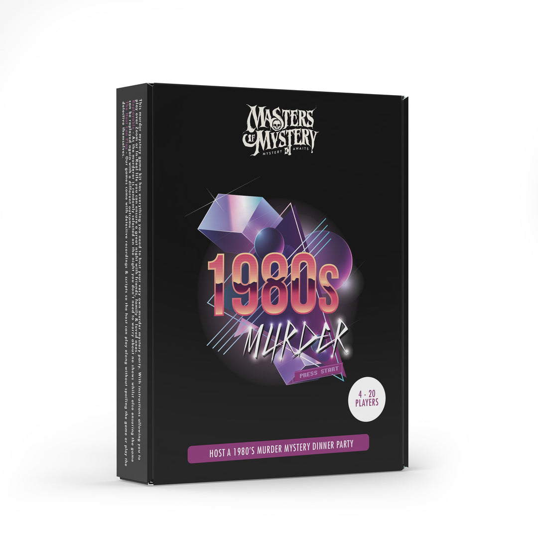 1980s murder mystery game box, angled