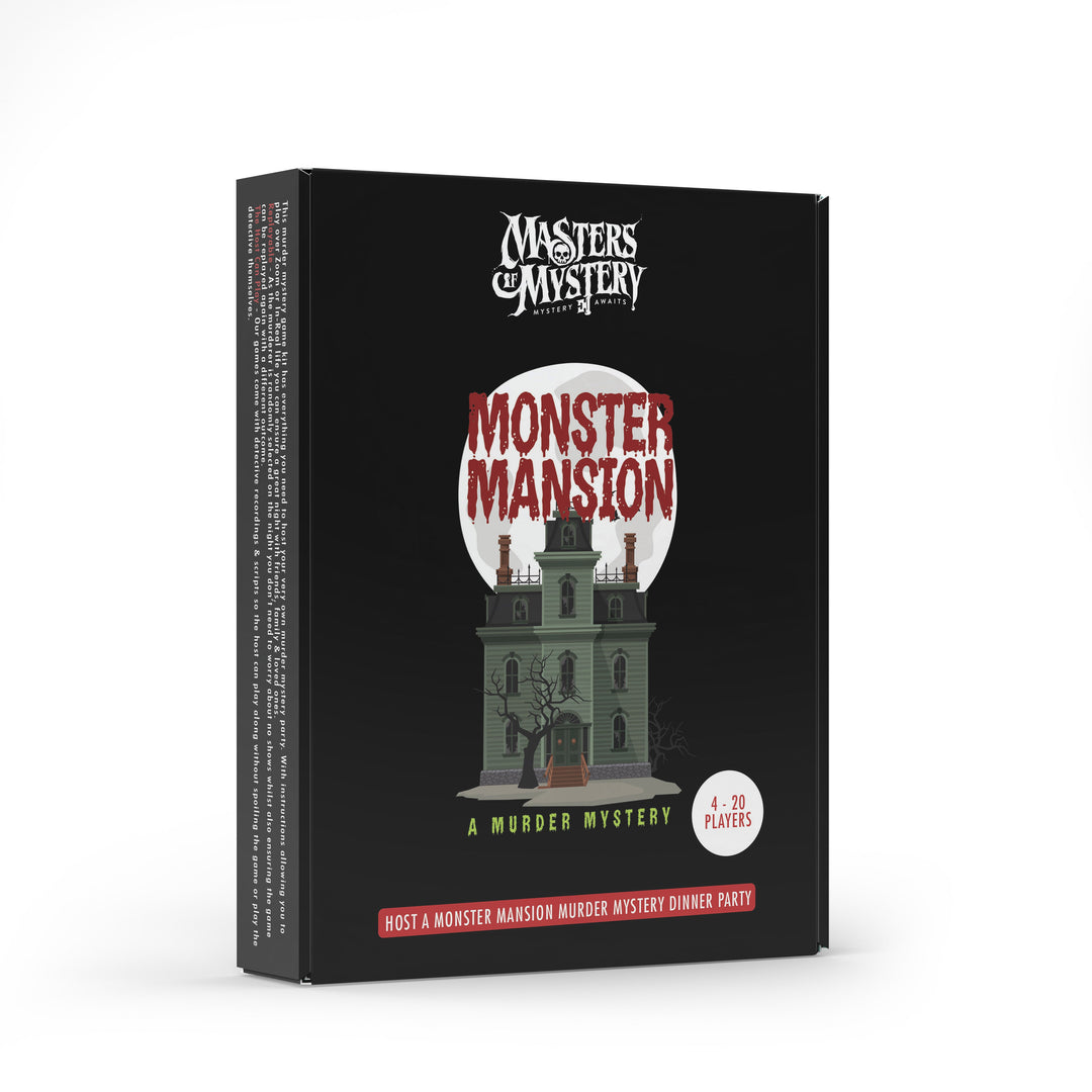 Haunted House murder mystery game box, angled