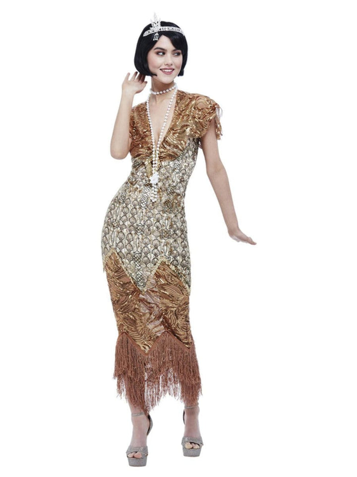Goldfarbenes Flapper-Kostüm mit Pailletten – Deluxe-20er-Jahre-Kleid für Kostümpartys