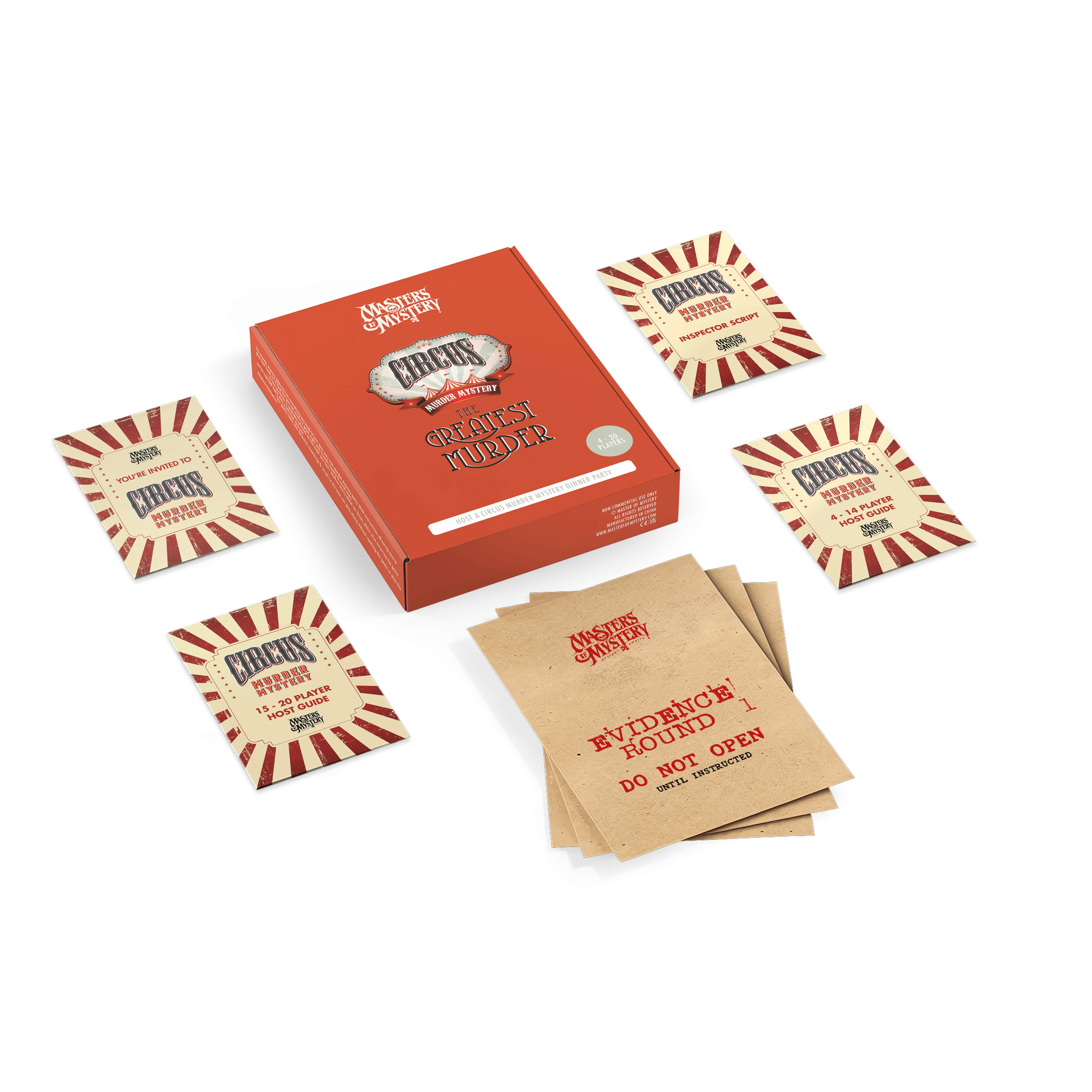 Circus Murder Mystery game box with contents