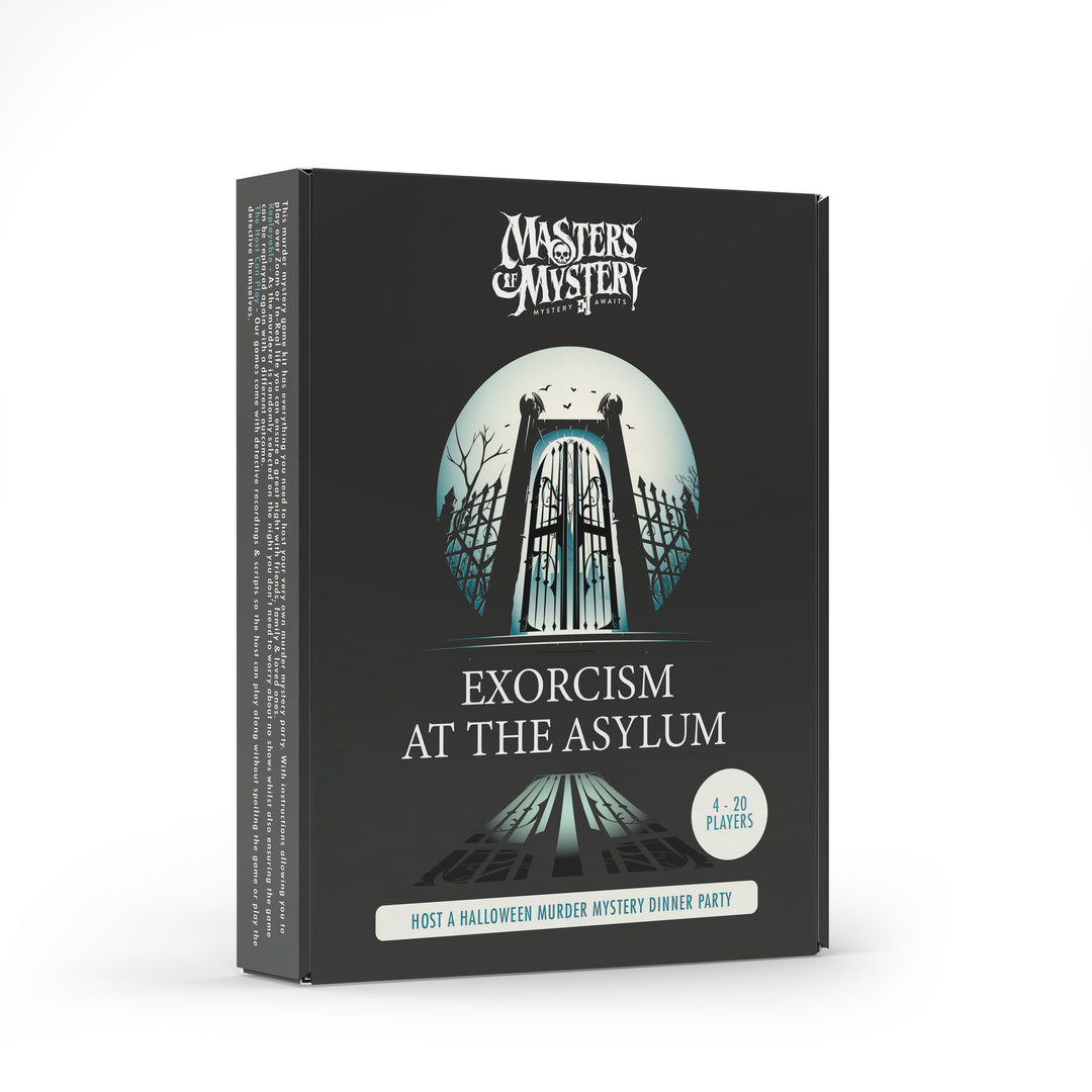 Exorcism and Asylum Murder Mystery game box, angled