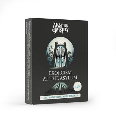 Exorcism and Asylum Murder Mystery game box, angled