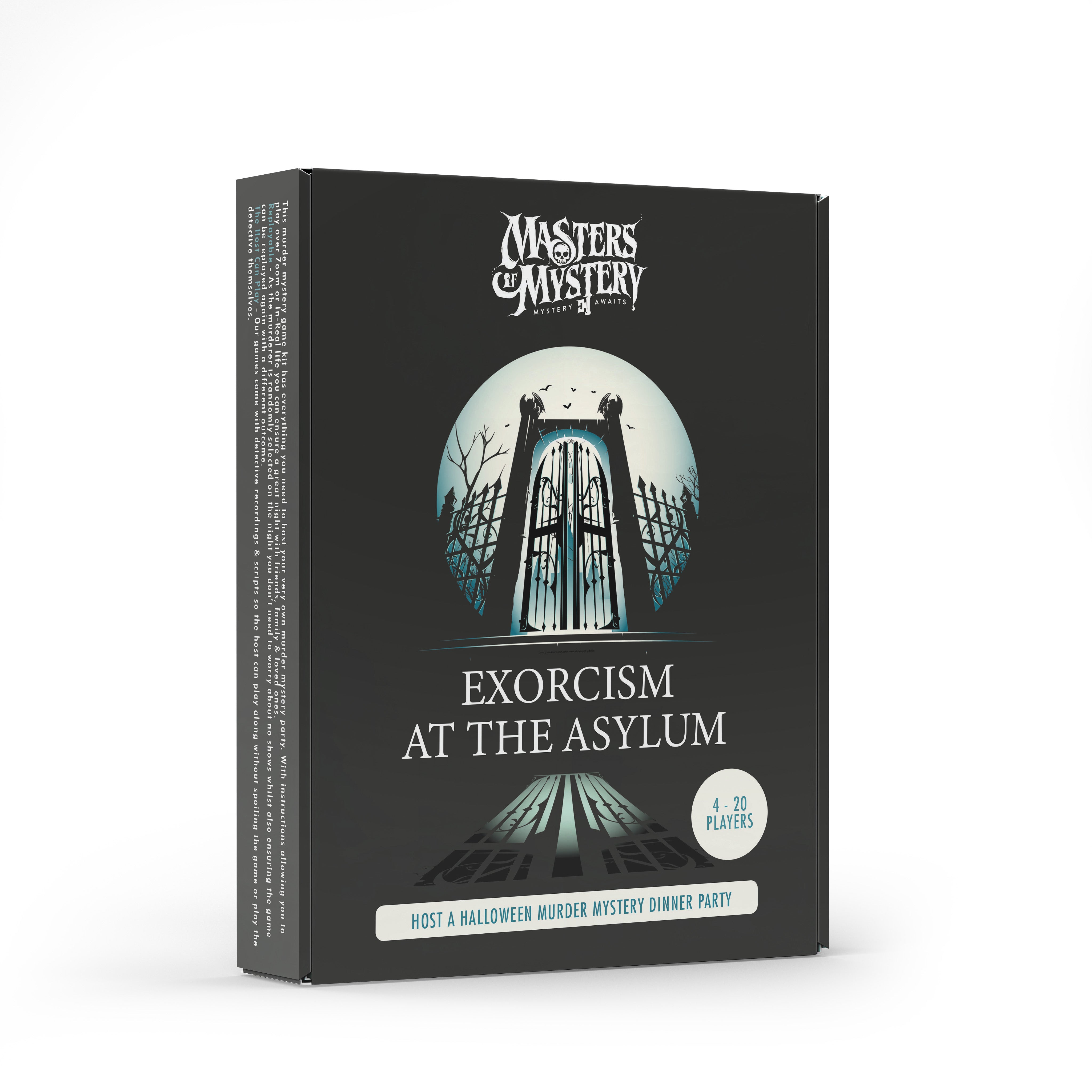 Exorcism and Asylum Murder Mystery game box, angled