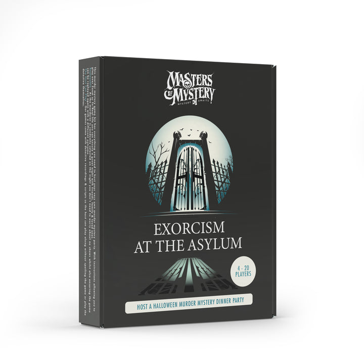 Exorcism and Asylum Murder Mystery game box, angled