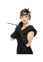 1920s Fancy Dress Deluxe Accessories Kit in Black & Gold with Gloves, Cigarette Holder, Headband & Stole