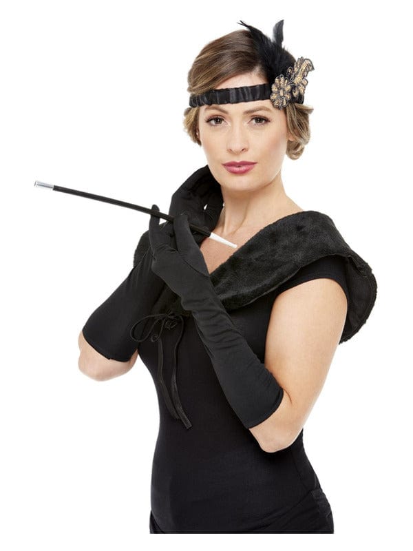 1920s Fancy Dress Deluxe Accessories Kit in Black & Gold with Gloves, Cigarette Holder, Headband & Stole