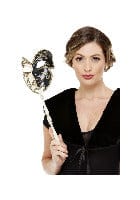 Schwarz-cremefarbene venezianische Maske mit Handstab – Kostümzubehör