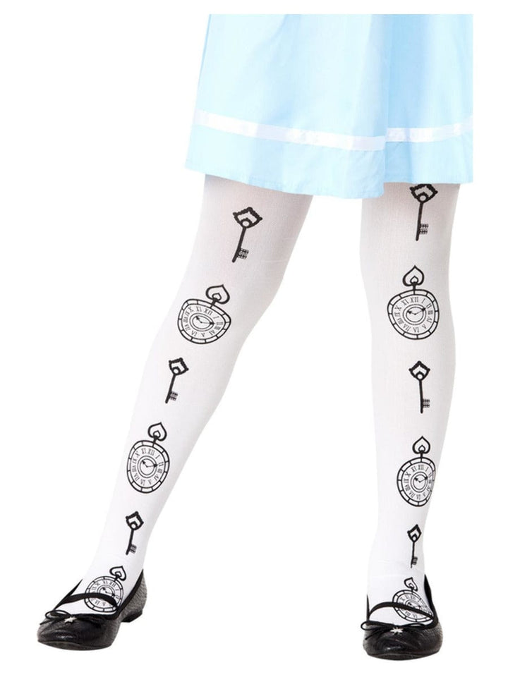 Alice in Wonderland Tights for Kids, Age 6-12, Clock Print - Fancy Dress