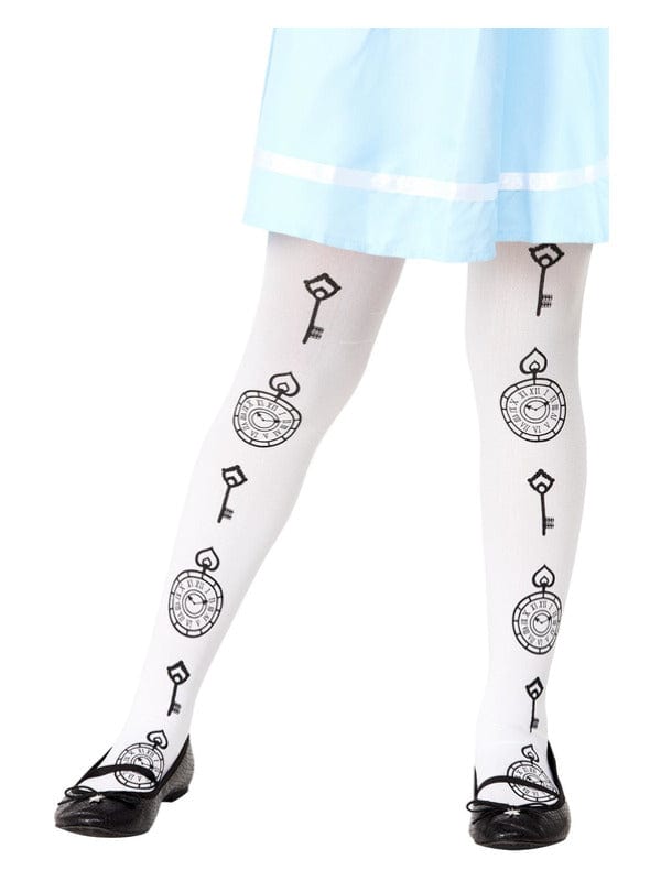 Alice in Wonderland Tights for Kids, Age 6-12, Clock Print - Fancy Dress