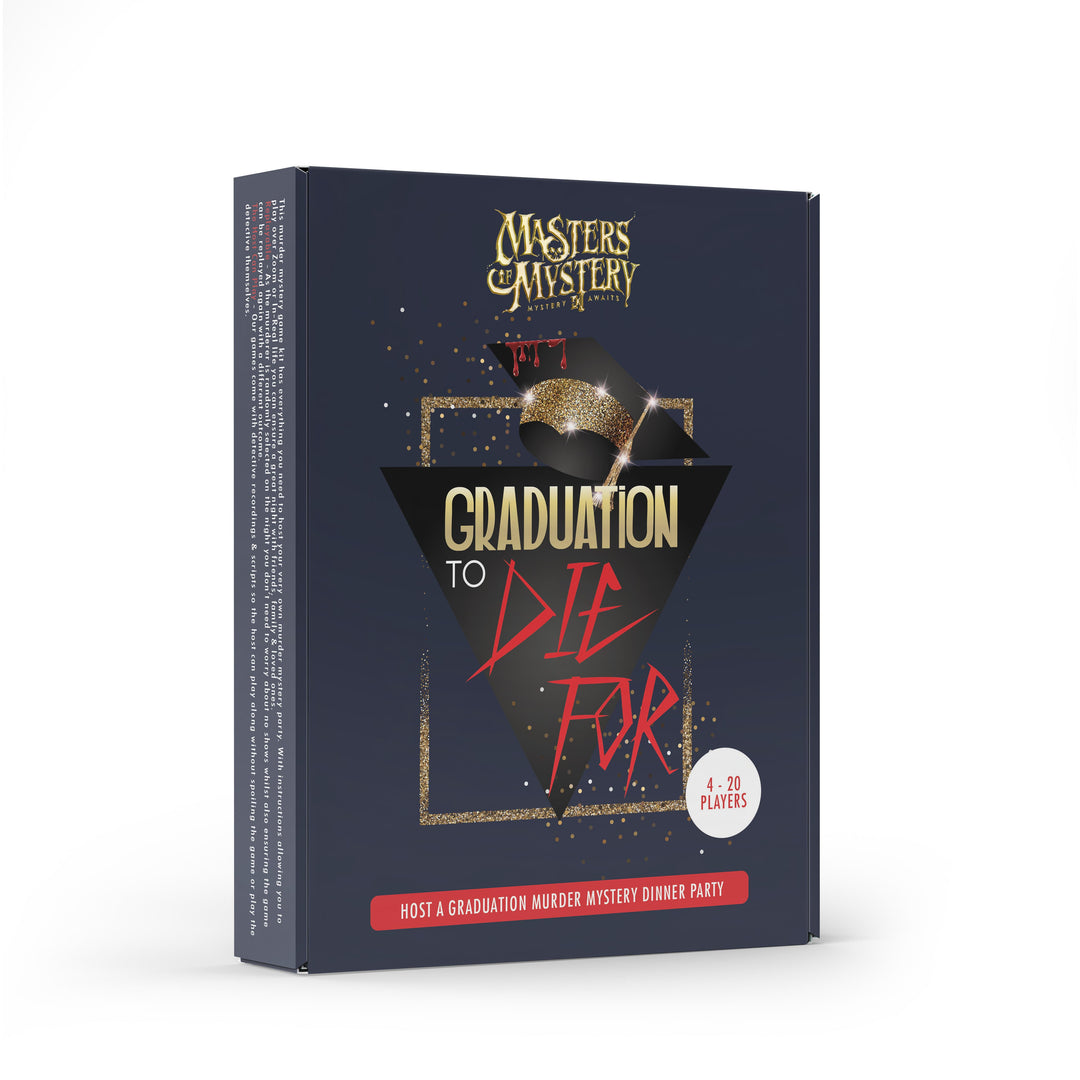 Graduation Murder Mystery game box, angled