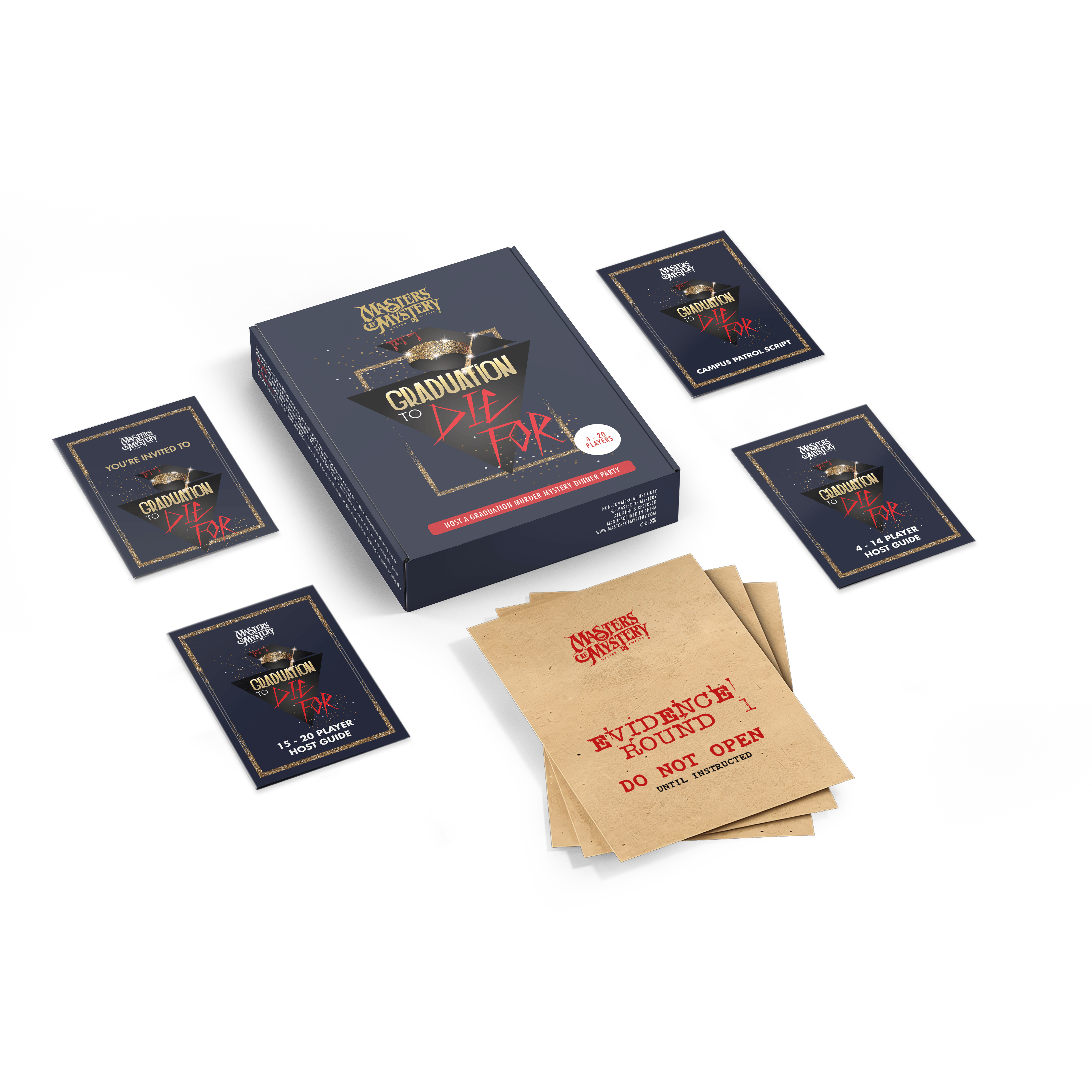 Graduation Murder Mystery game box with contents