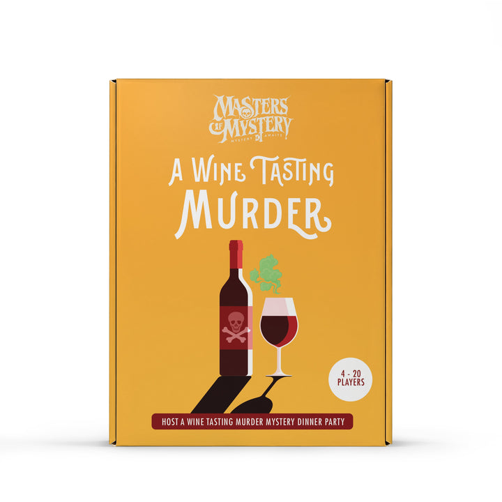 A Wine Tasting Themed murder mystery game box, front