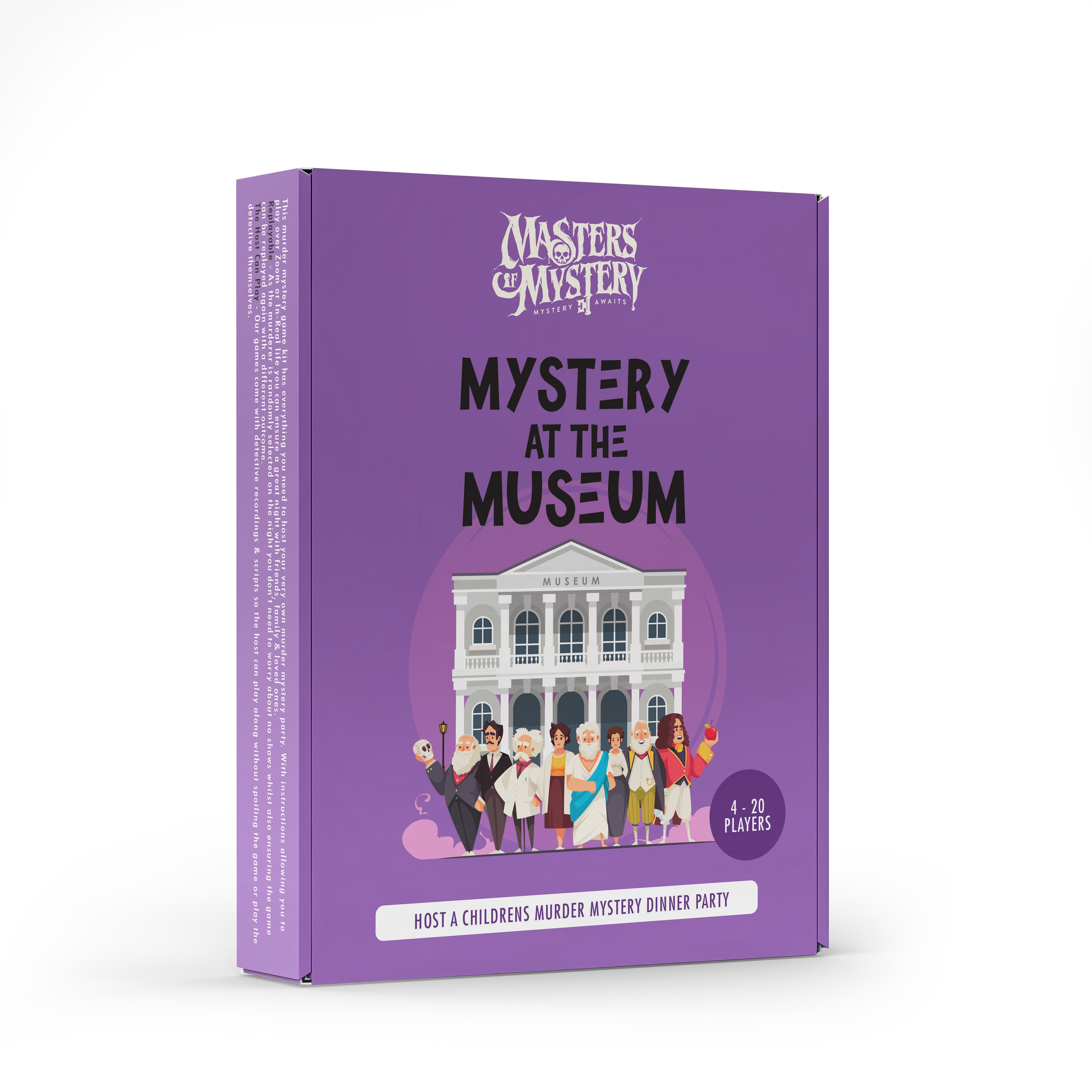 Childrens Museum Murder Mystery game box, angled