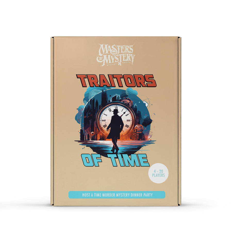 Traitors of Time murder mystery game box, front